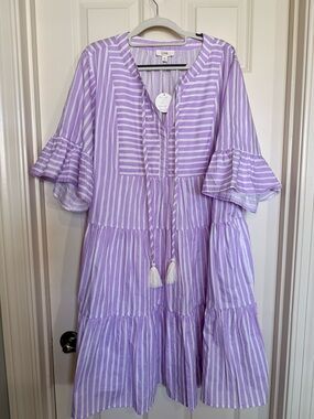 Oddi Cotton Striped Tassel Midi Dress in Lavender